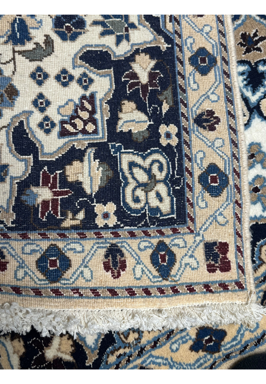 Backside of 2'9 x 4'10" Ivory Nain Persian Rug showing fine hand-knotted craftsmanship.