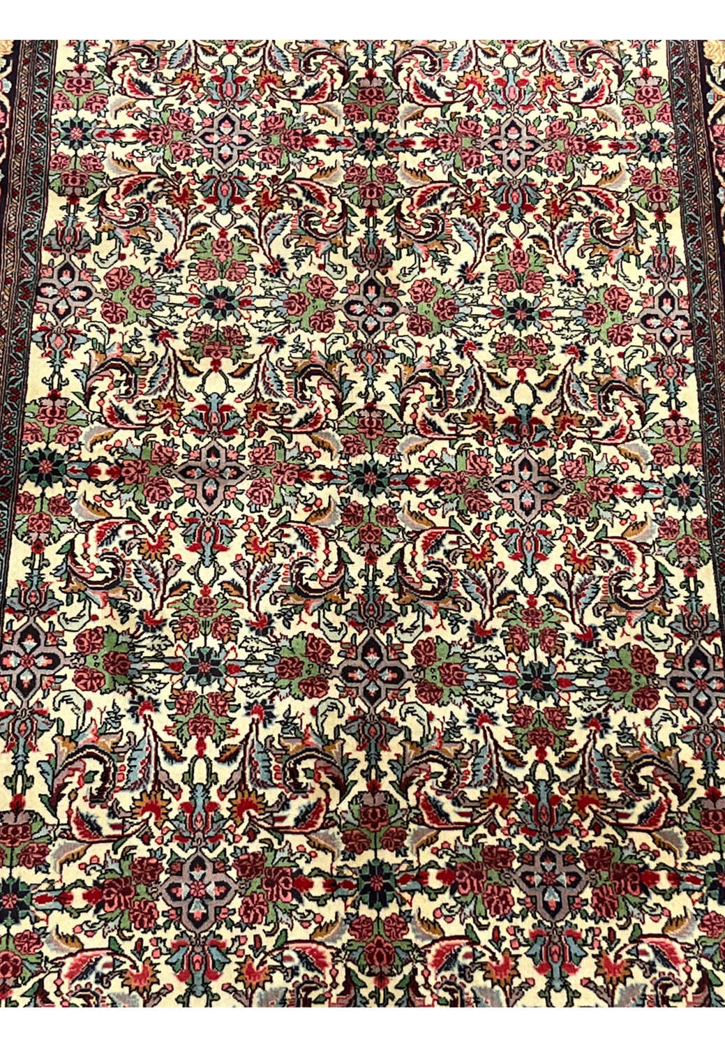 Close-up of allover floral field design on Persian Bijar Halvaie Rug