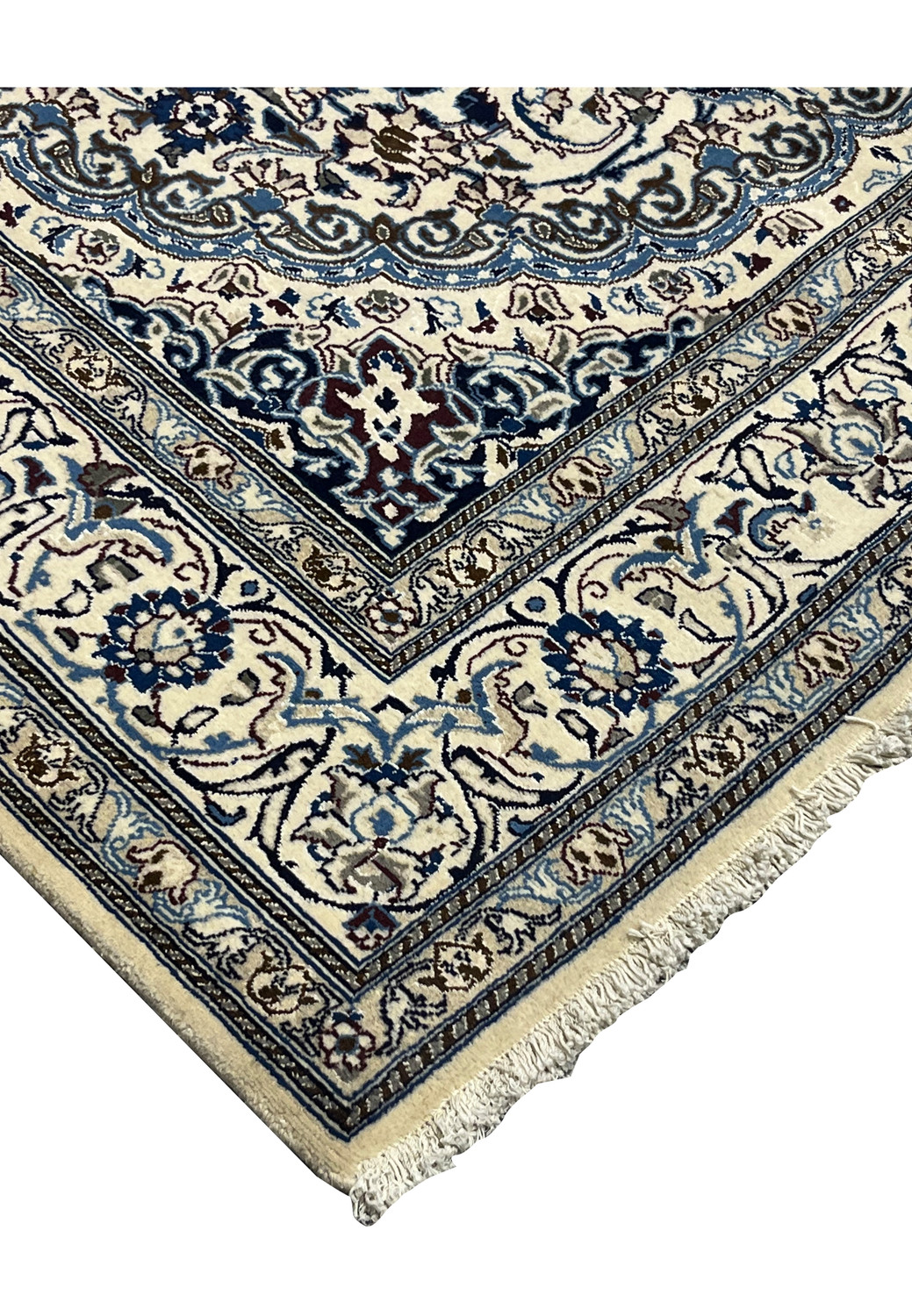 Edge of Square Persian Nain Rug showing fringes and layered floral borders