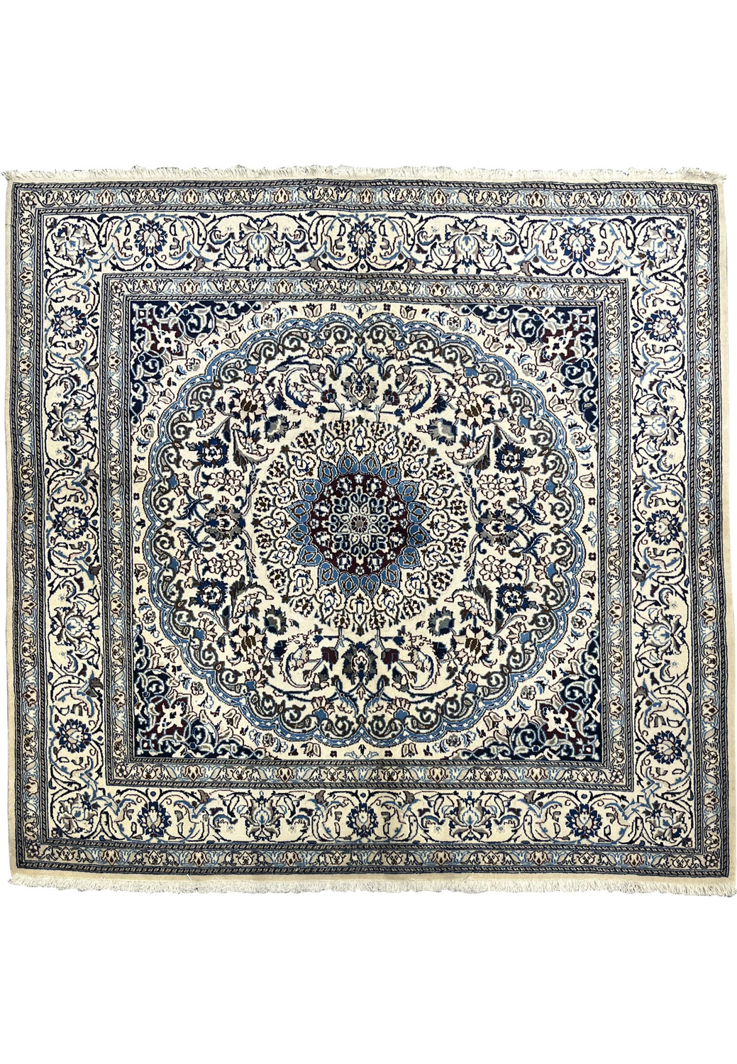 Full view of Square 6'7x6'7 Persian Nain Rug with ivory field and central medallion design