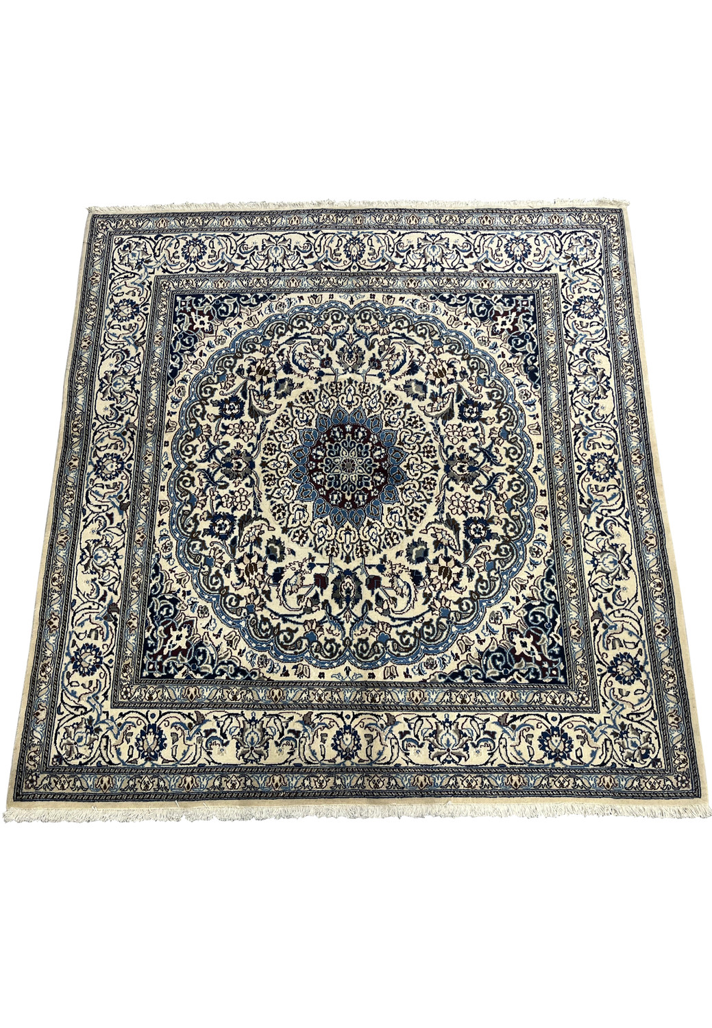 Full top view of 6'7 x 6'7 Square Persian Nain Rug with silk highlights, ivory and navy floral medallion design