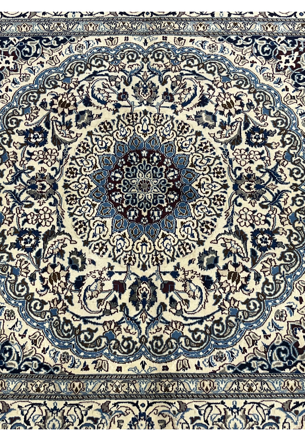 Midfield detail of Square Persian Nain Rug showing medallion and floral arabesques