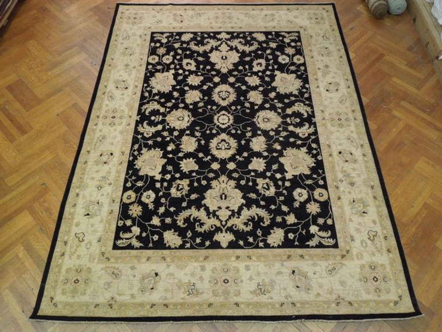 9 x12 Black-Ivory Peshawar Rug All-Over Design