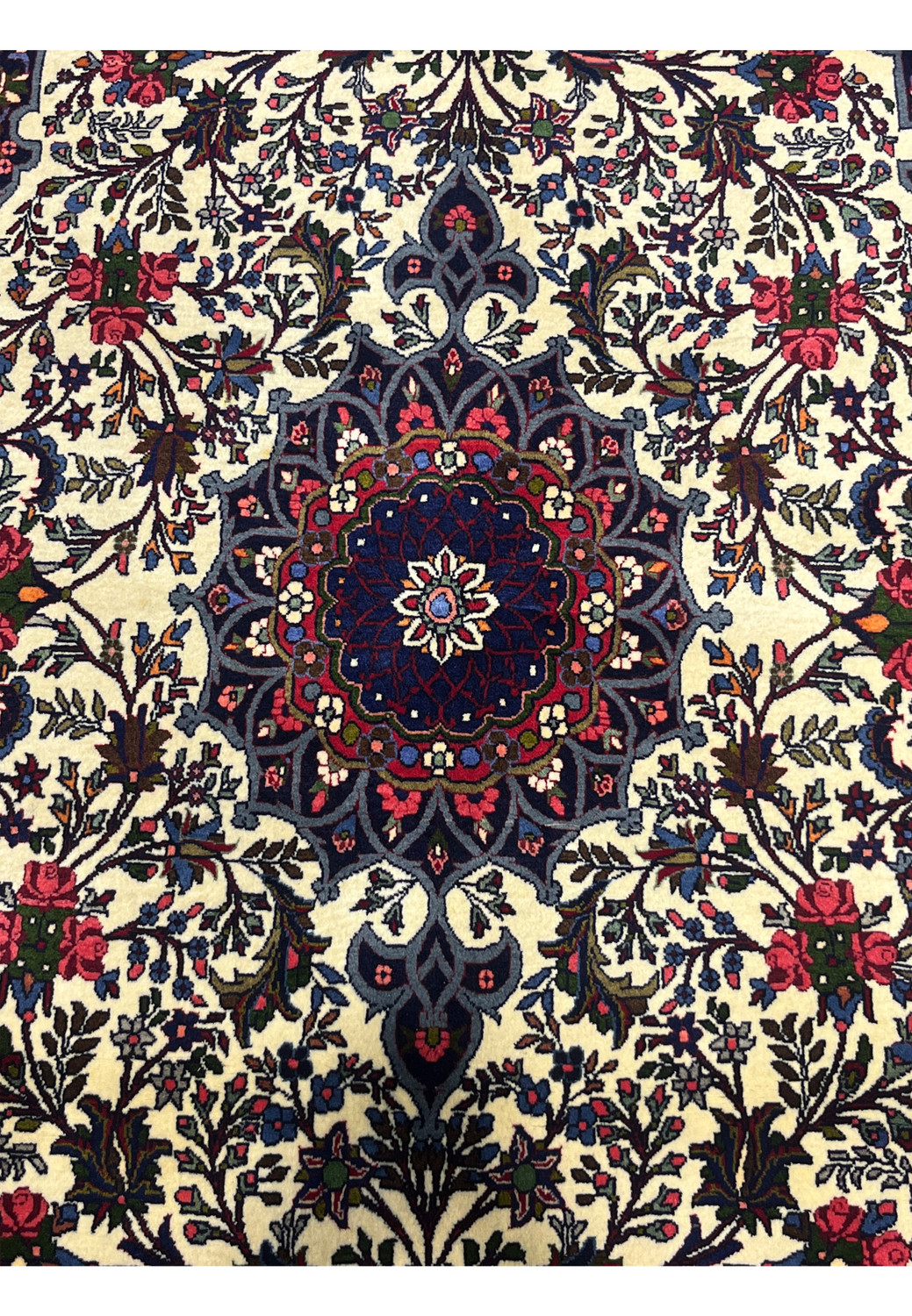 Midfield and medallion close-up of Floral Persian Bijar Rug with dense floral arrangements