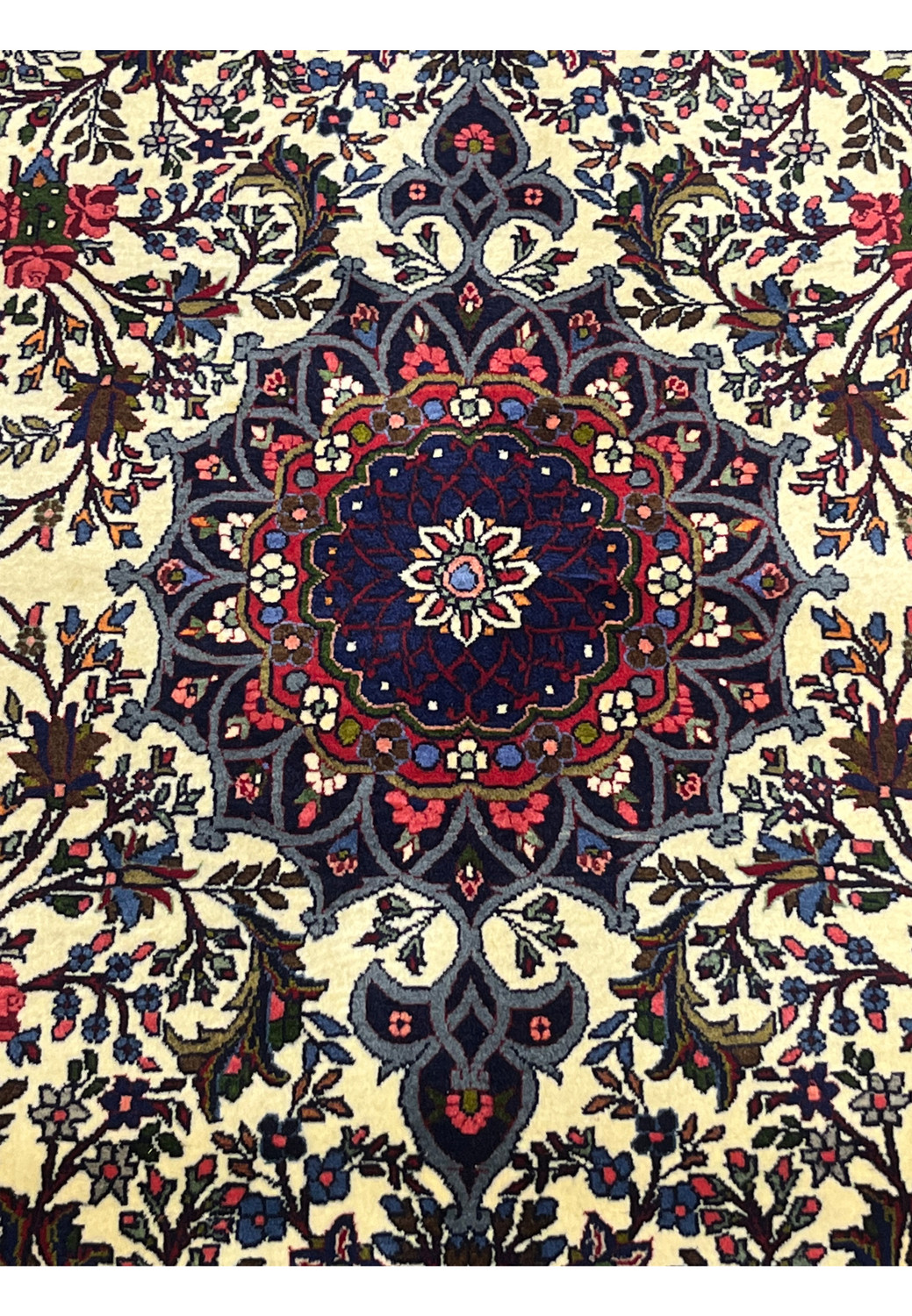 Central medallion of Floral Persian Bijar Rug in navy blue, burgundy red, and ivory tones