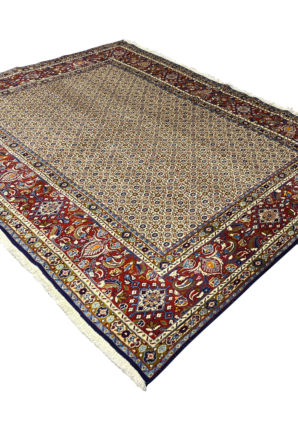 Angled view of Persian Moud All-Over Rug highlighting intricate border and ivory field