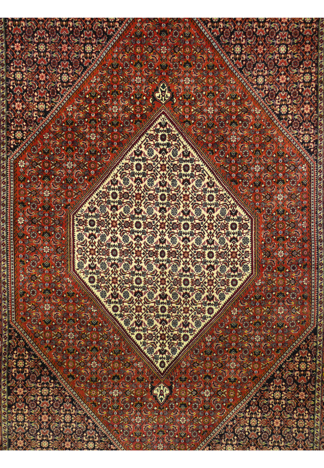 Detailed view of Bijar Persian Rug medallion in ivory with floral motifs and contrasting navy outlines
