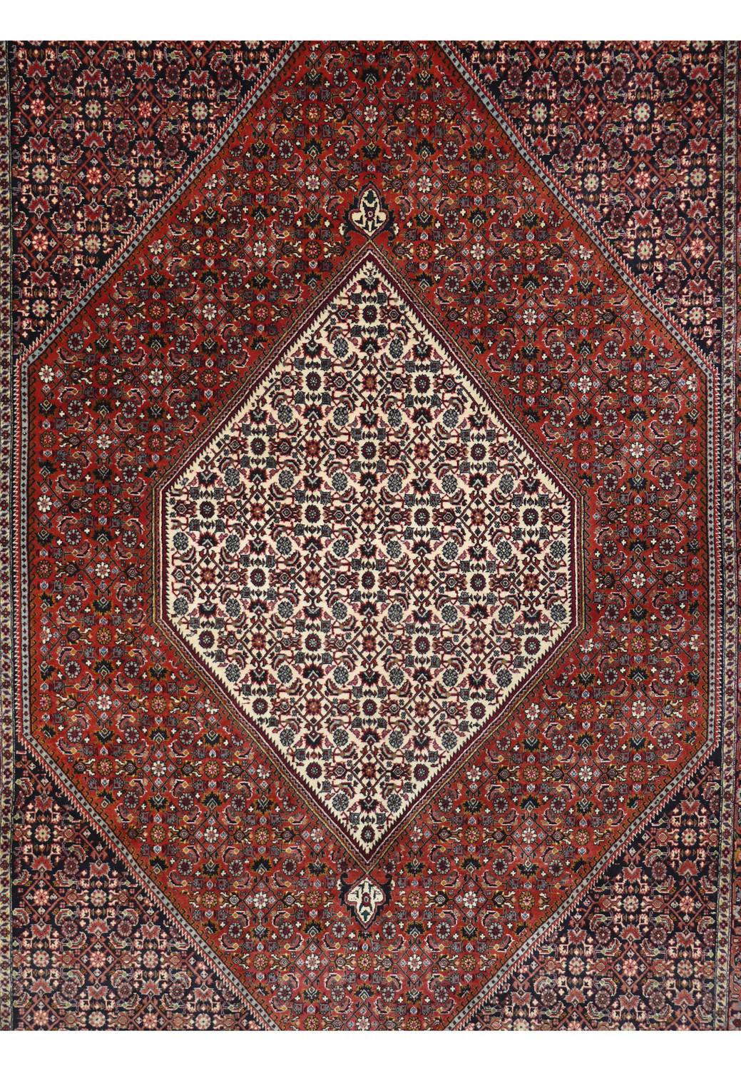 Midfield close-up of Bijar Persian Rug showing brick red ground, ivory floral motifs, and navy accents