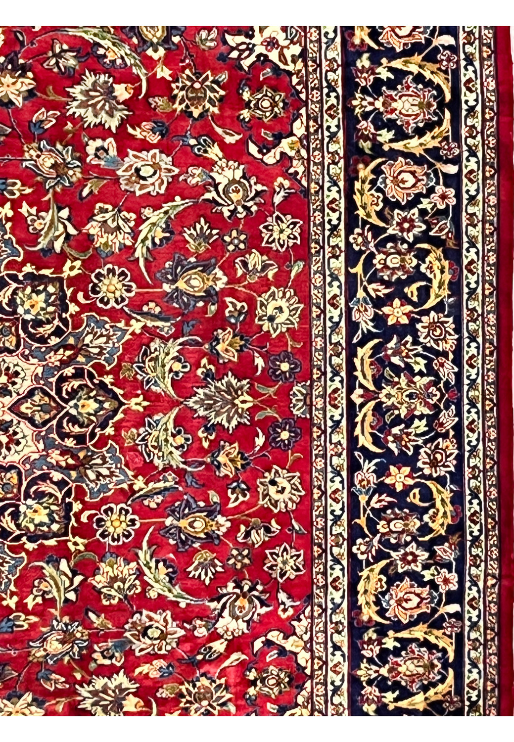 Navy border with ivory floral scrolls on Persian Isfahan rug