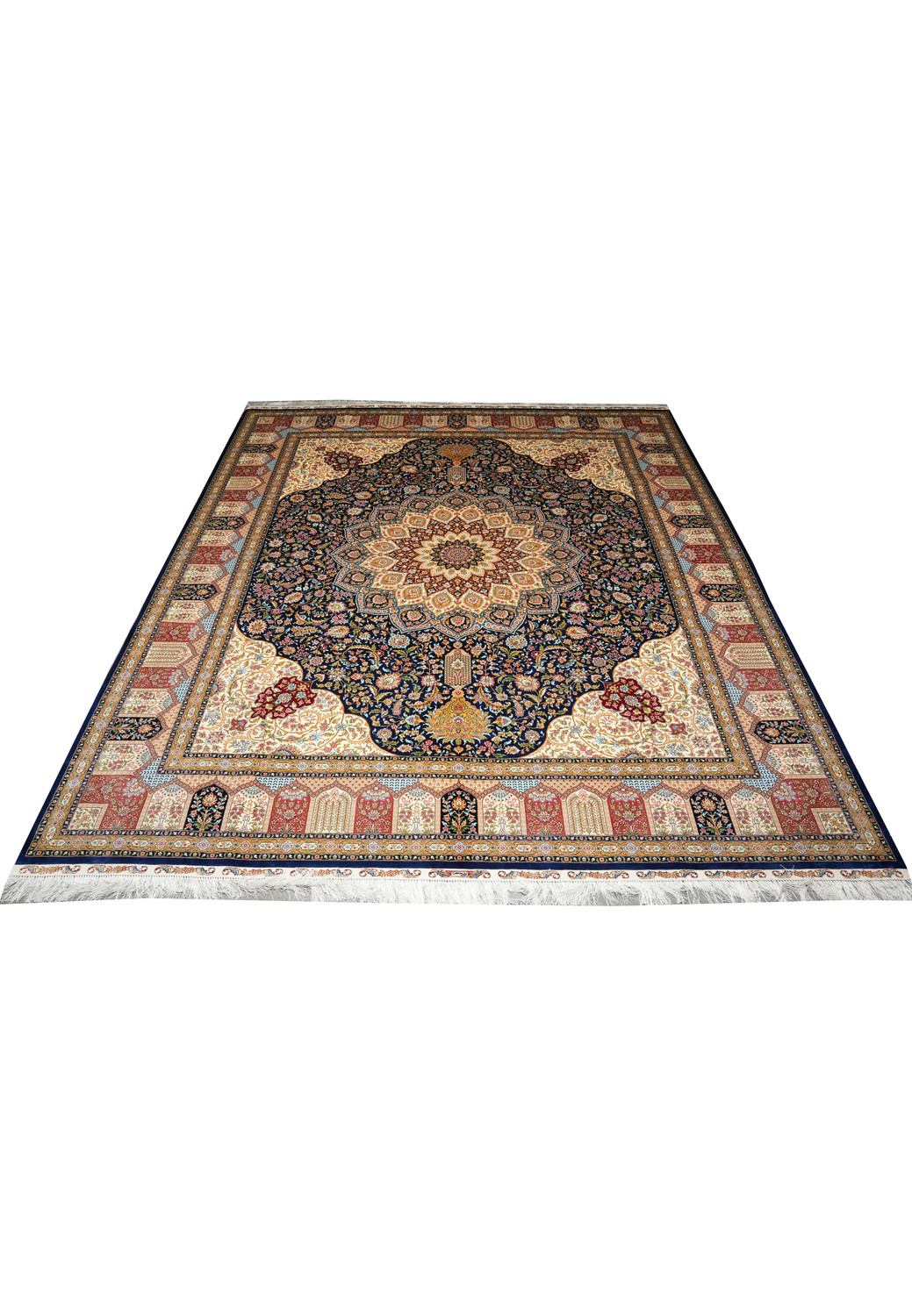 Full laid-down view of an 8x10 Oriental 100% Silk High-End Rug handmade in China, featuring a navy blue medallion on an ivory and gold floral field.