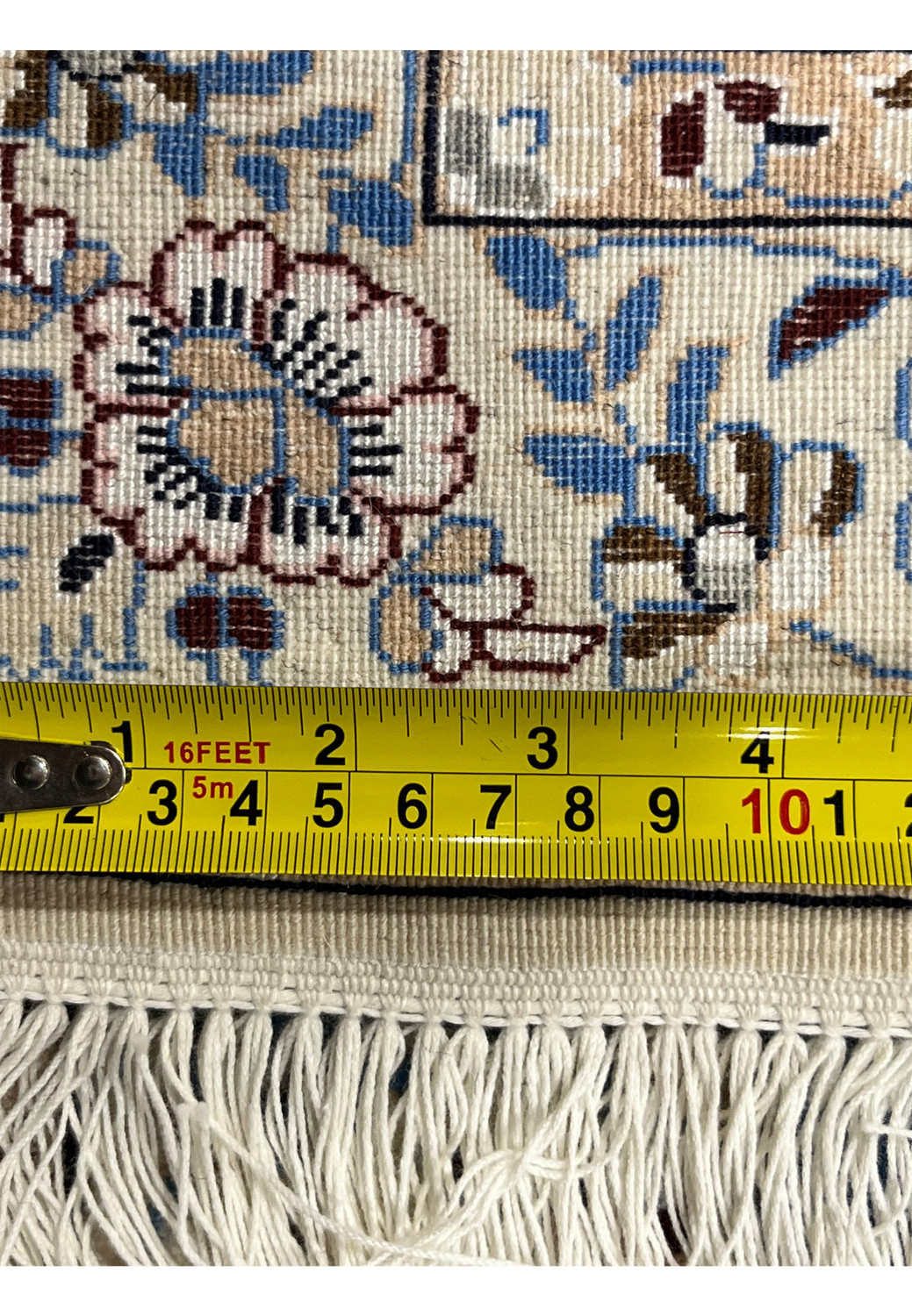 Macro image of 2'8 x 17'2 Persian Nain 6LA Runner displaying dense knot count around 600 KPSI and precise floral outlines.