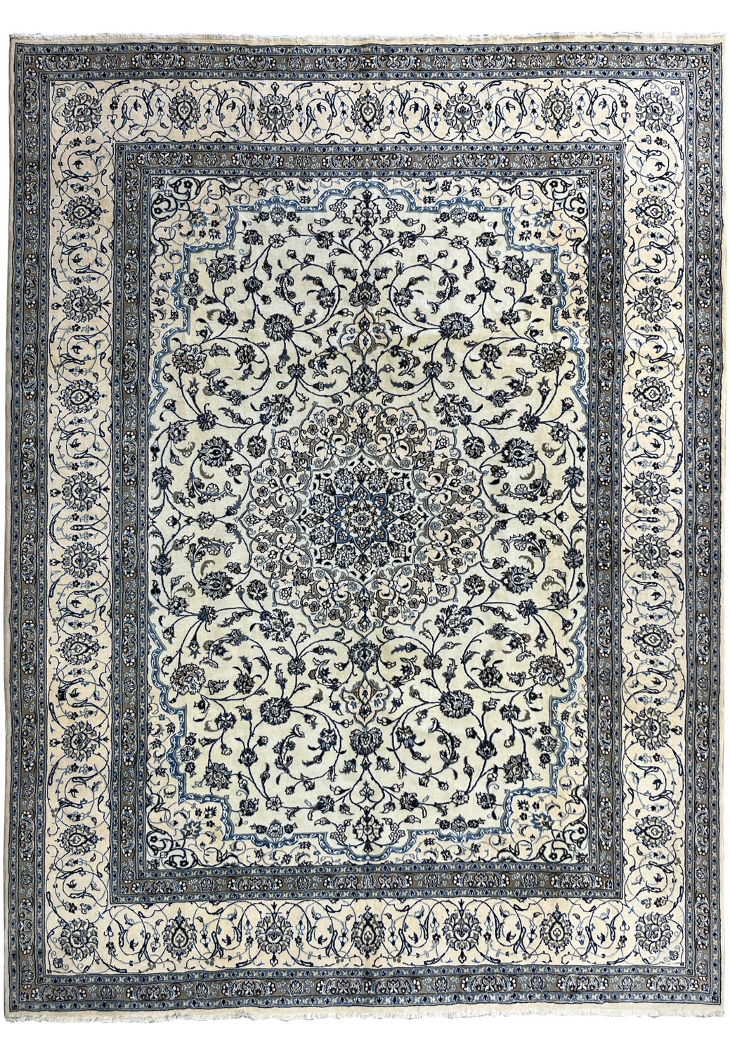 Full view of 10' x 13'2 Persian Nain 9LA Rug showing ivory field with blue medallion and floral borders hand-knotted in wool and silk.
