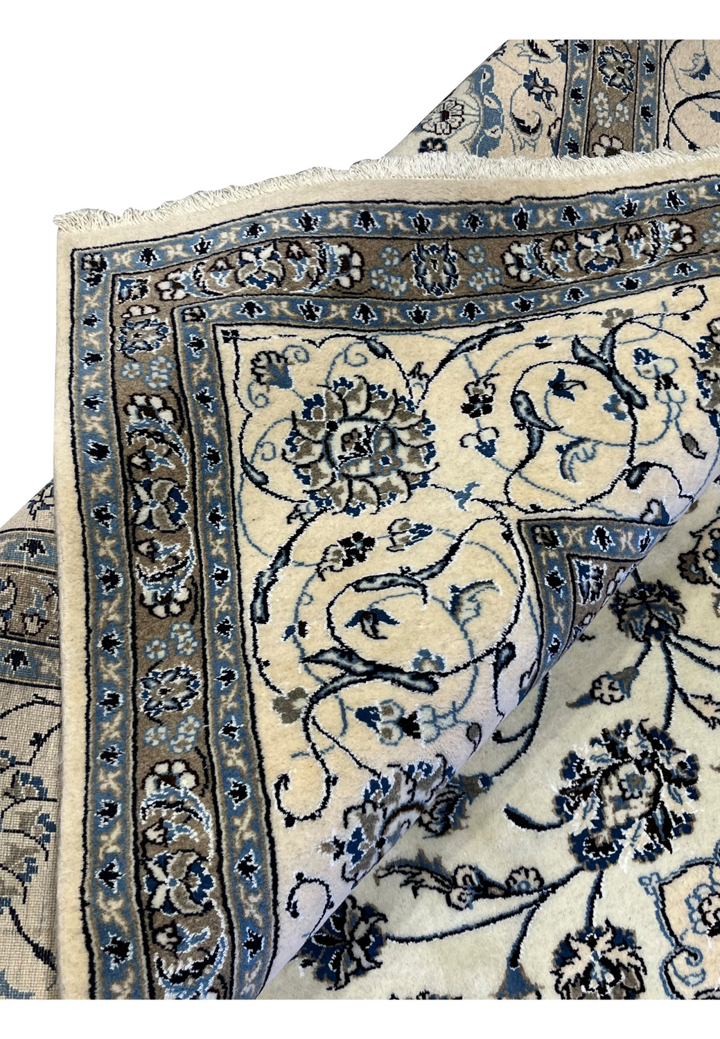 Top view of 10x13 Persian Nain 9LA Rug showing ivory base, blue medallion outlines, and taupe floral border pattern.