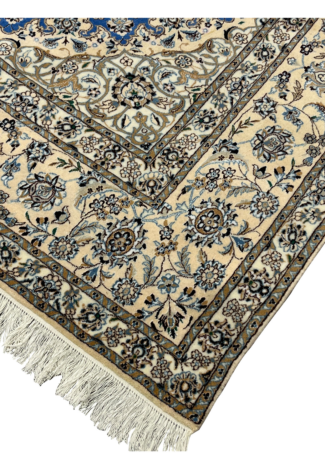 Close-up of rug edge showing ivory border with intricate floral vines and beige outlines