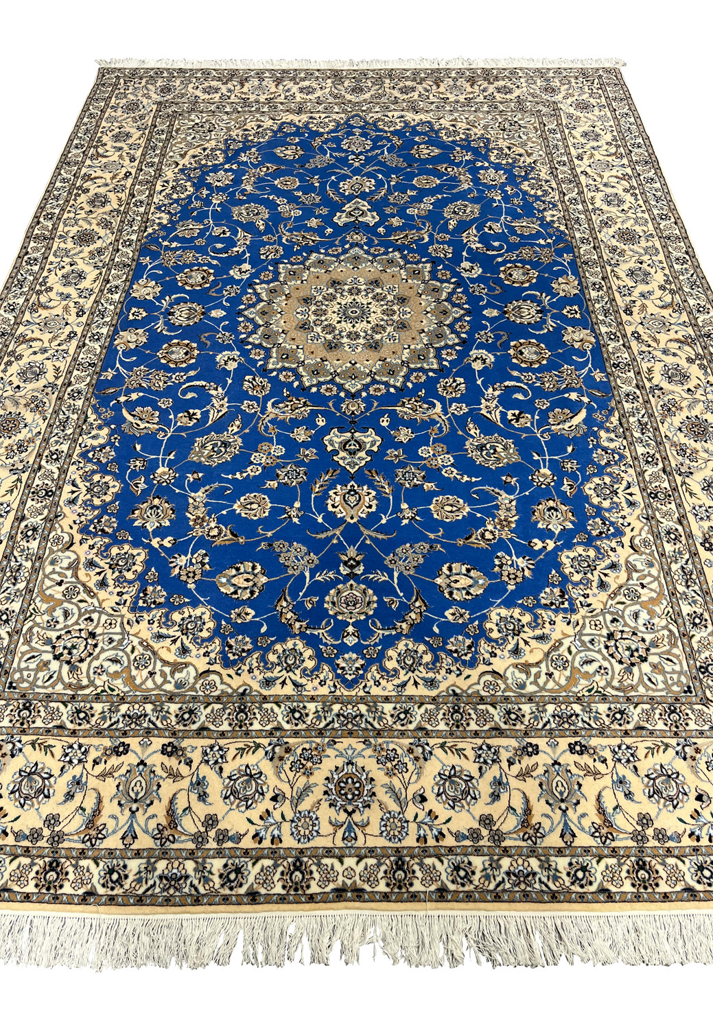 Top view of 6'7" x 9'8" Persian Nain rug showing symmetrical medallion and detailed floral design