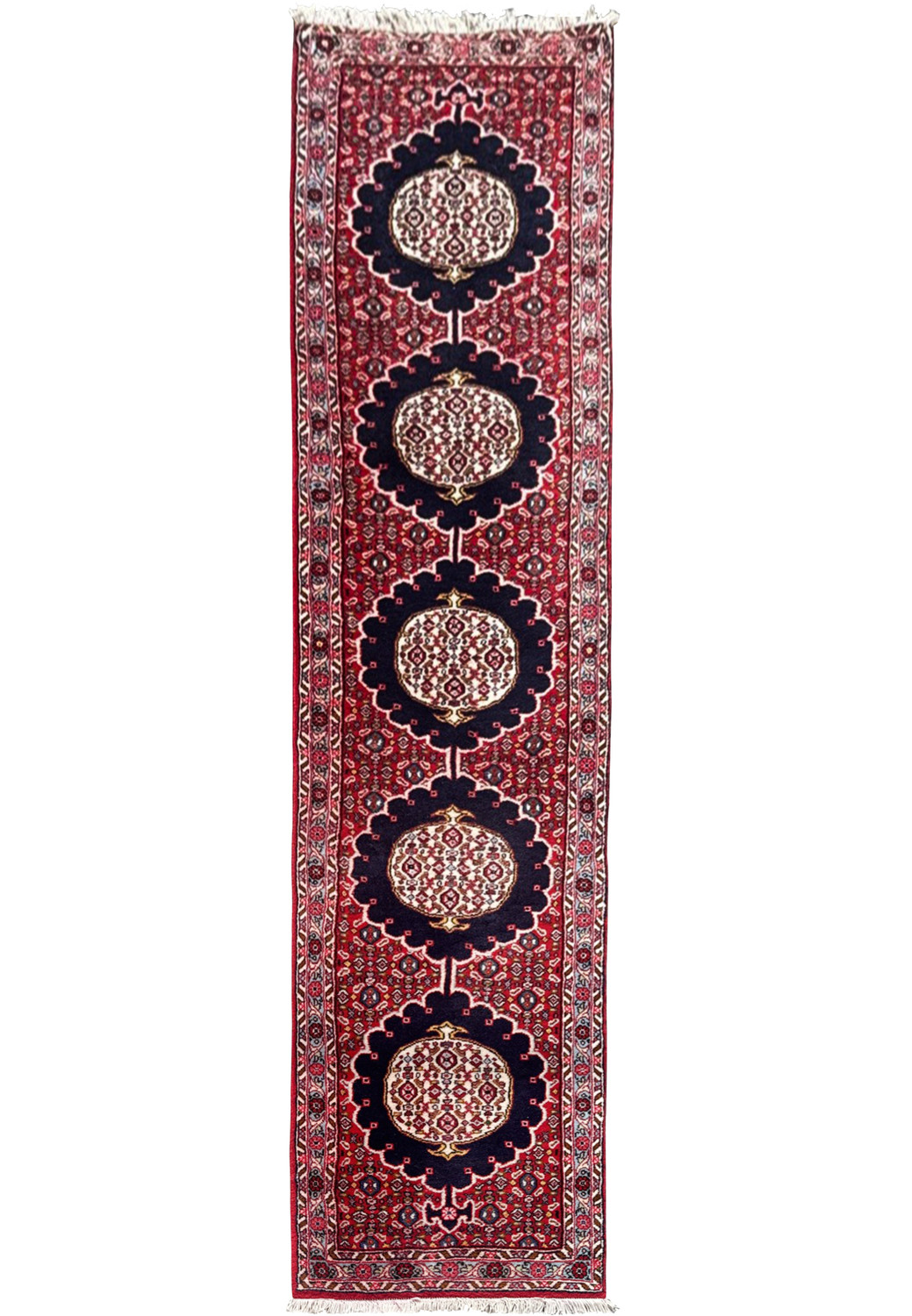 Full frontal view of rare 1'10" × 8'6" Persian Bijar runner with five navy medallions on rich red ground and ivory floral border.