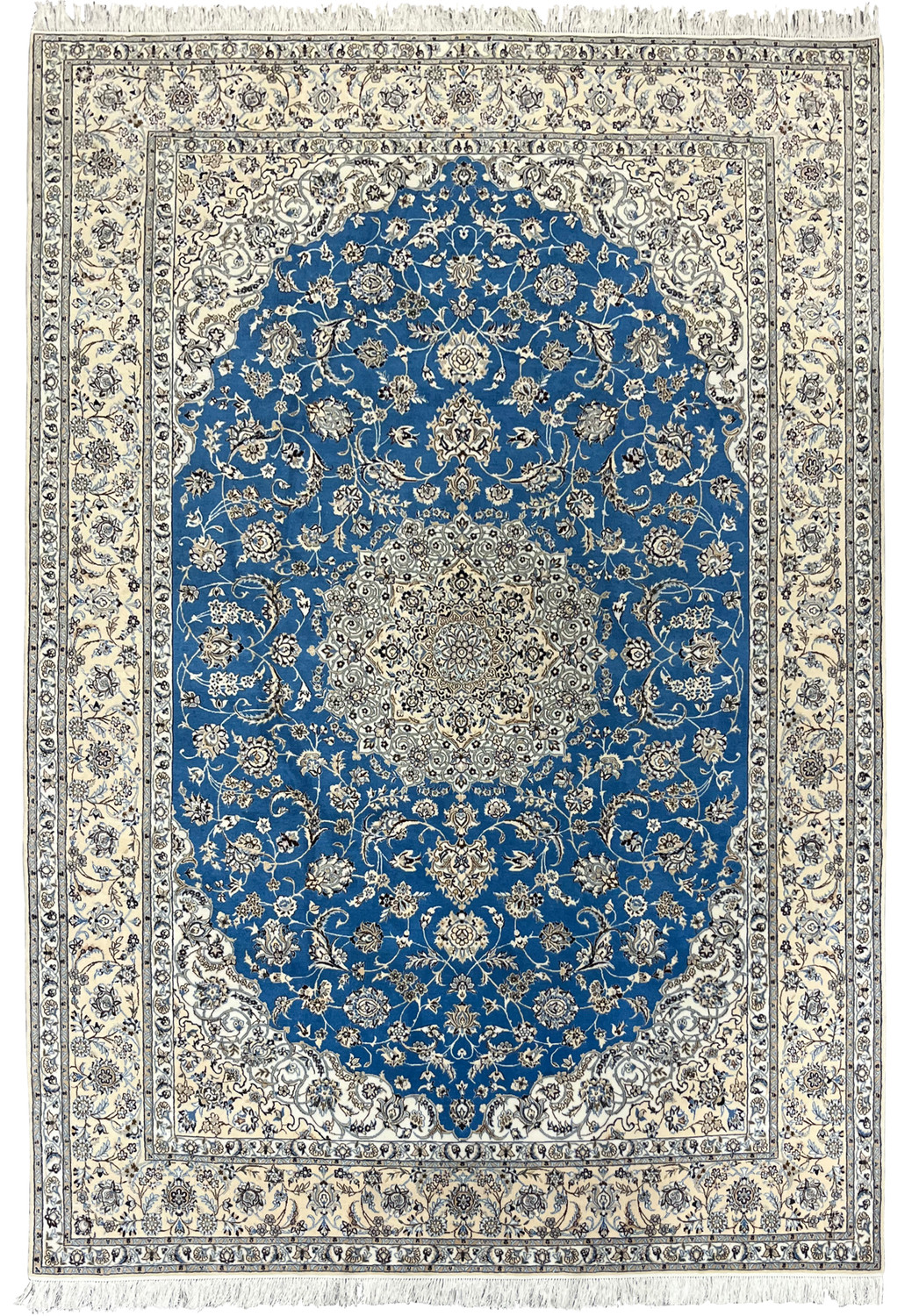 Full view of 6'9 x 9'9 royal blue Persian Nain 6 LA rug with ivory borders and central medallion.