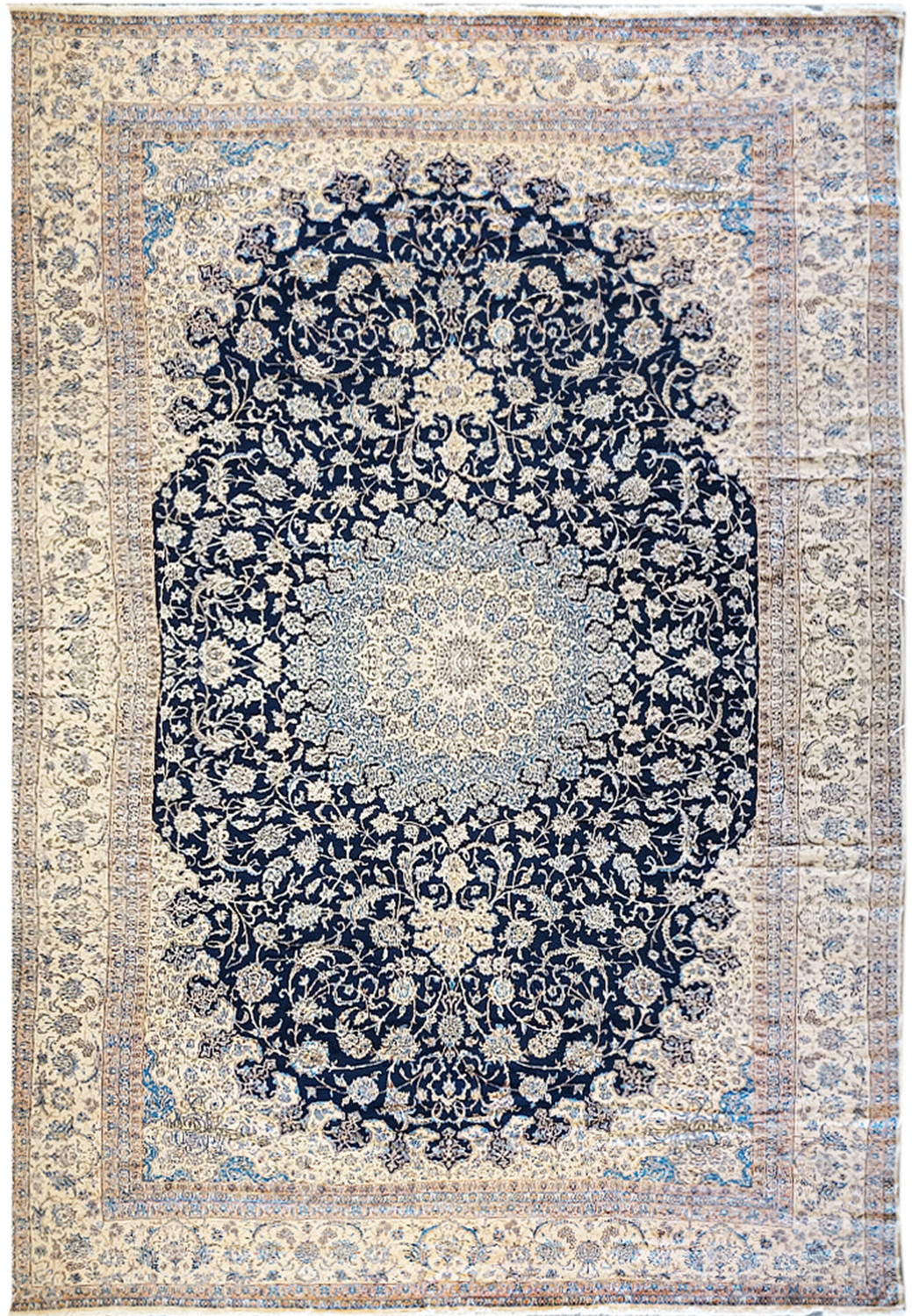 14x25'6 Majestic Nain 9 LA Persian rug full view showing navy blue field and ivory borders.