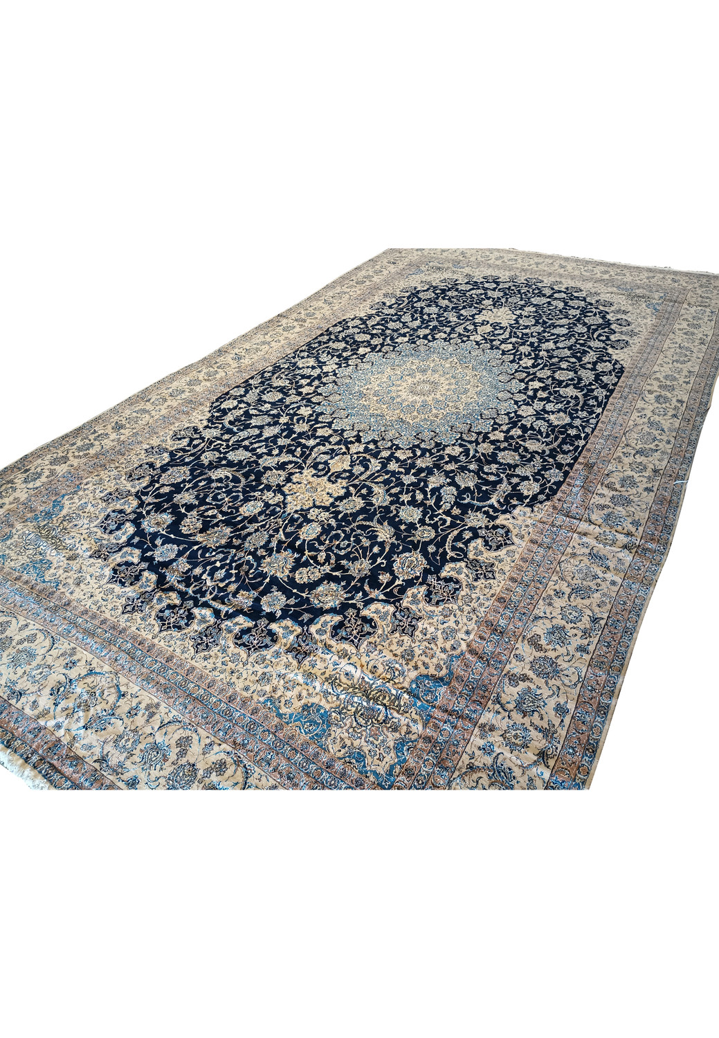 Angled view of 14x25'6 Persian Nain rug displaying floral medallion and detailed borders.