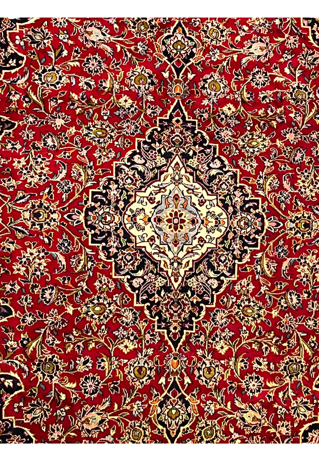 Ivory medallion and floral details on red Persian Kashan rug 9x13 handmade in wool