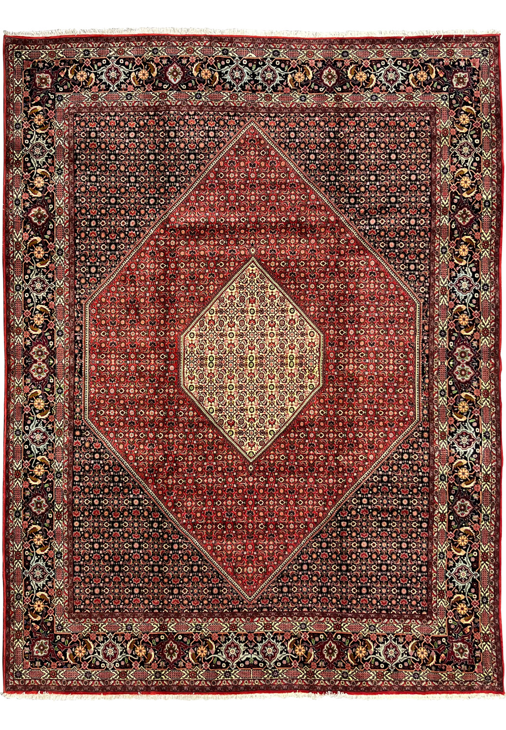 10x13 Bijar Persian Iron Rug full view with hexagonal medallion and dense floral field