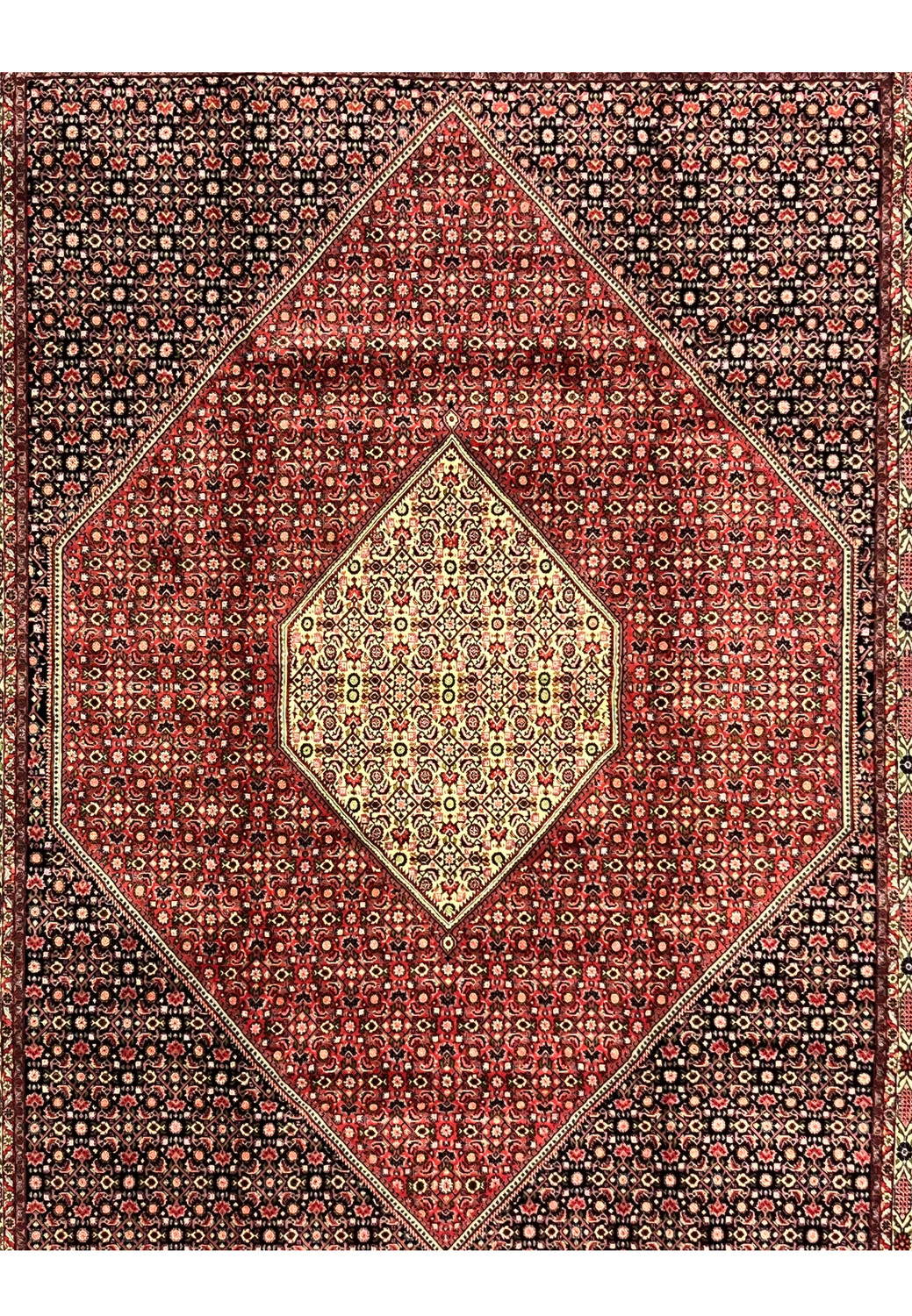 10x13 Bijar Persian rug closeup of central red field with ivory diamond medallion+ää#