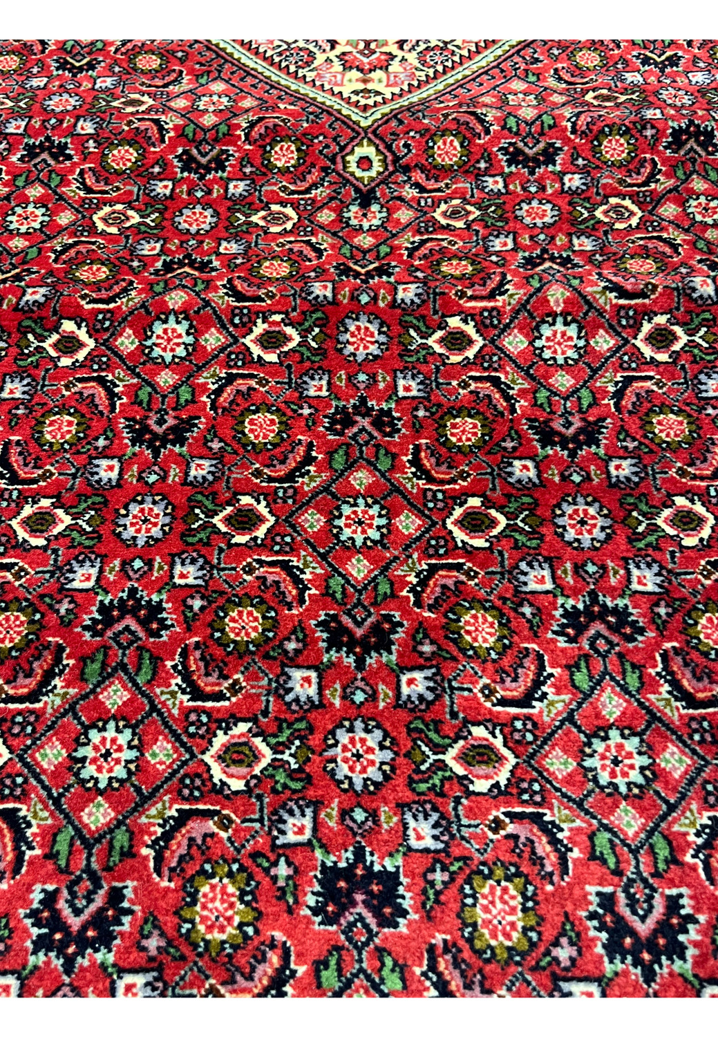 closeup of 10x13 Bijar Persian rug medallion showing intricate red, ivory, and green motifs