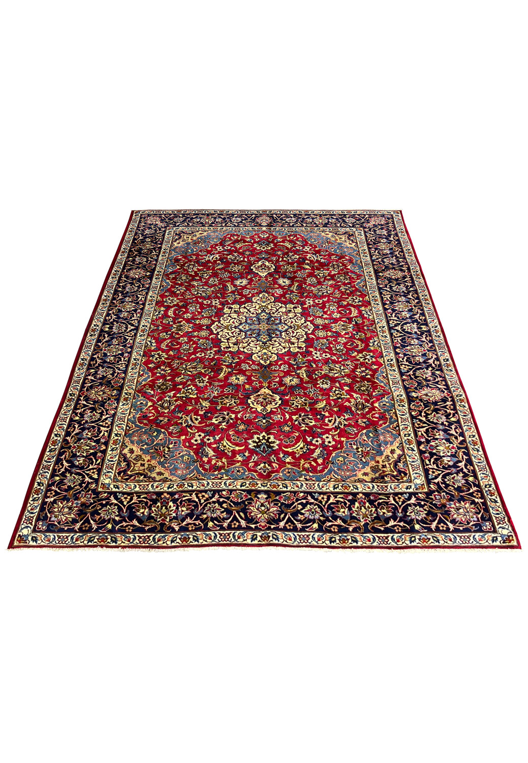 Top view of 8'5 x 11'8 Persian Isfahan rug with navy border, red field, and detailed floral designs.