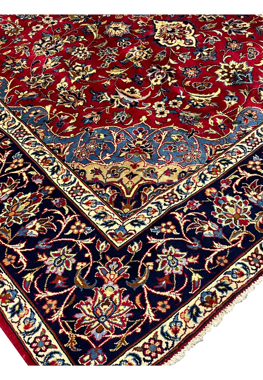Inner border of 8'5 x 11'8 Persian Isfahan rug with scrolling floral vines and ivory outlines.
