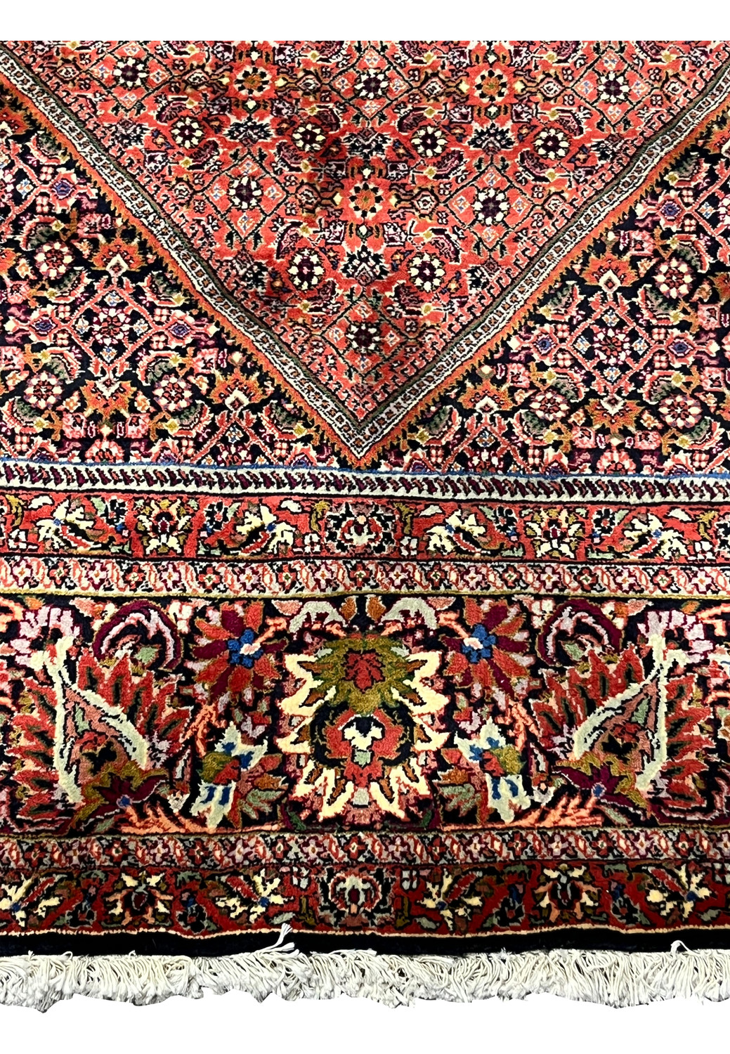 Lower border featuring floral palmettes and boteh motifs on the Bijar Persian Iron Rug.