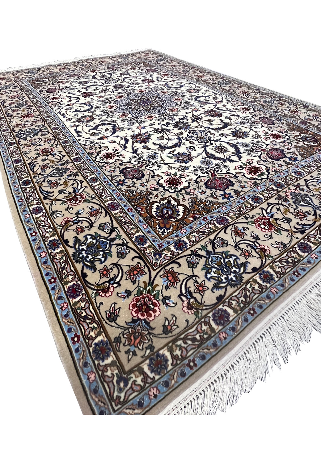 Angled perspective of the Isfahan rug highlighting its sheen, medallion clarity, and floral layout.