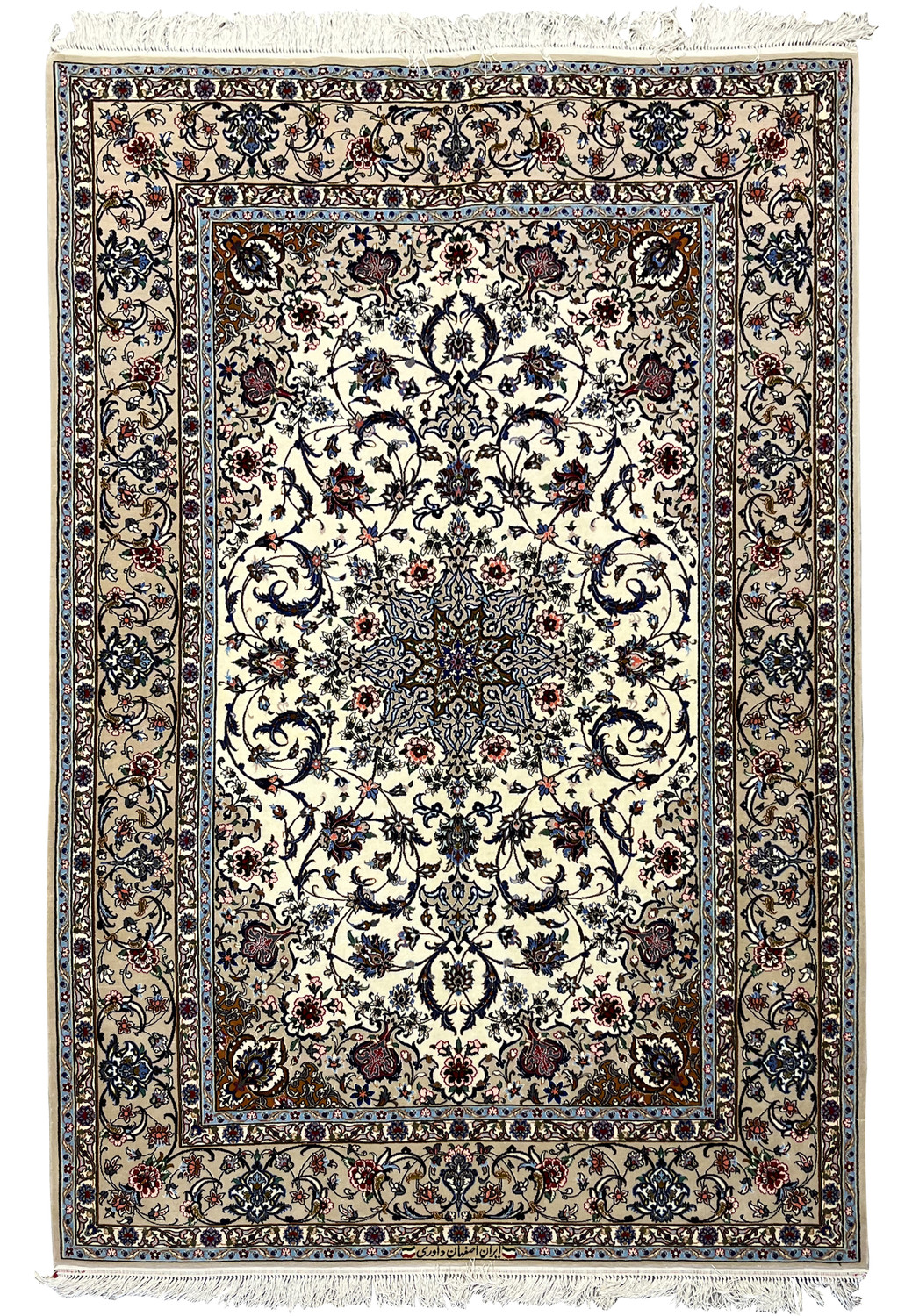 Full view of 5x8 Davari Isfahan rug showing ivory background, floral borders, and central medallion in navy and light blue.
