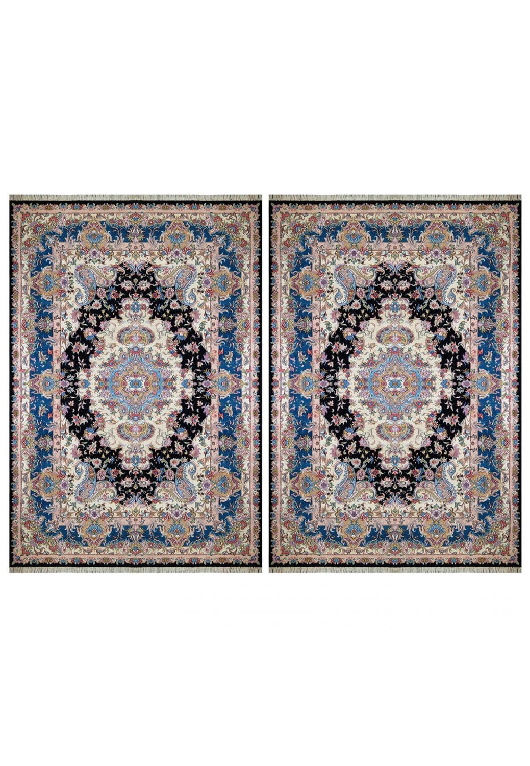 Full view of two identical 6'6 x 9'10 handmade Tabriz rugs showing matching medallions, floral motifs, and borders.