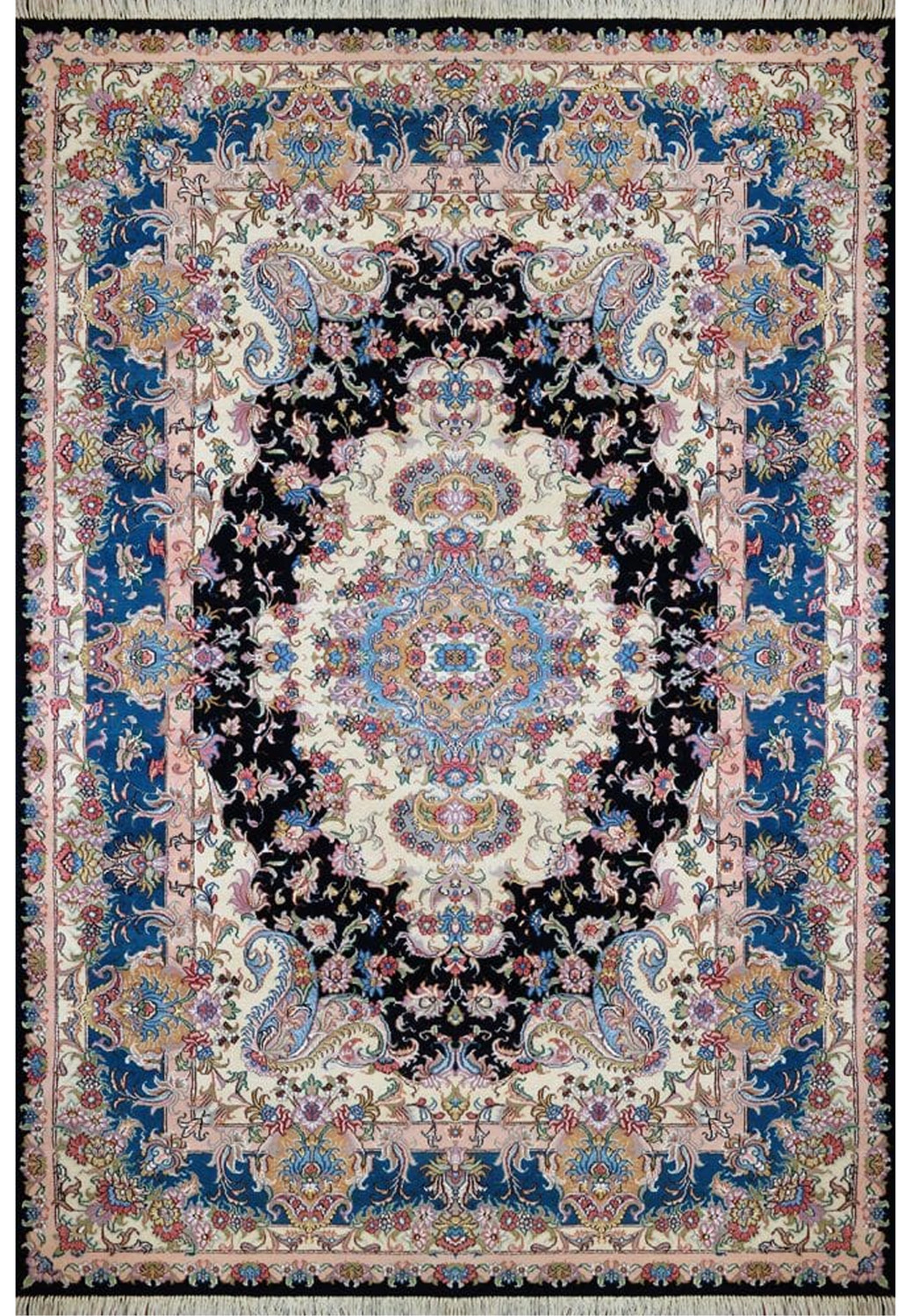 Single Tabriz rug full view with central medallion, blue borders, and finely detailed floral motifs.