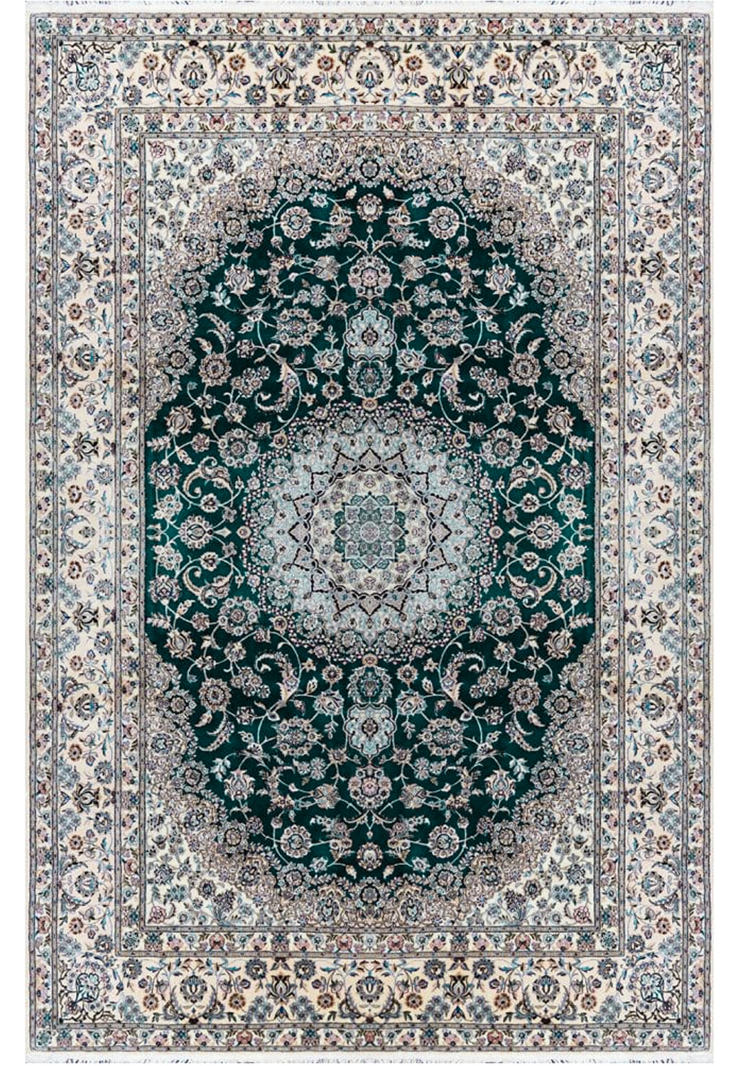 Full view of the 6'10 x 10'2 Nain 6La rug featuring a teal field, floral medallion, and fine wool-and-silk weaving.