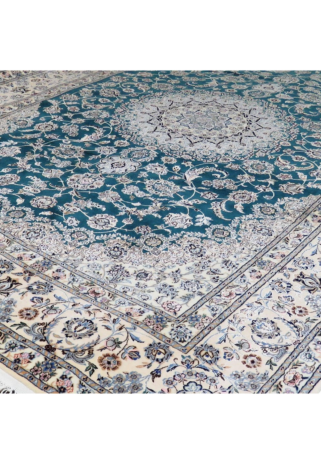 Top view of the Persian Nain 6La rug with a teal field, ivory borders, and intricate floral motifs in wool and silk.