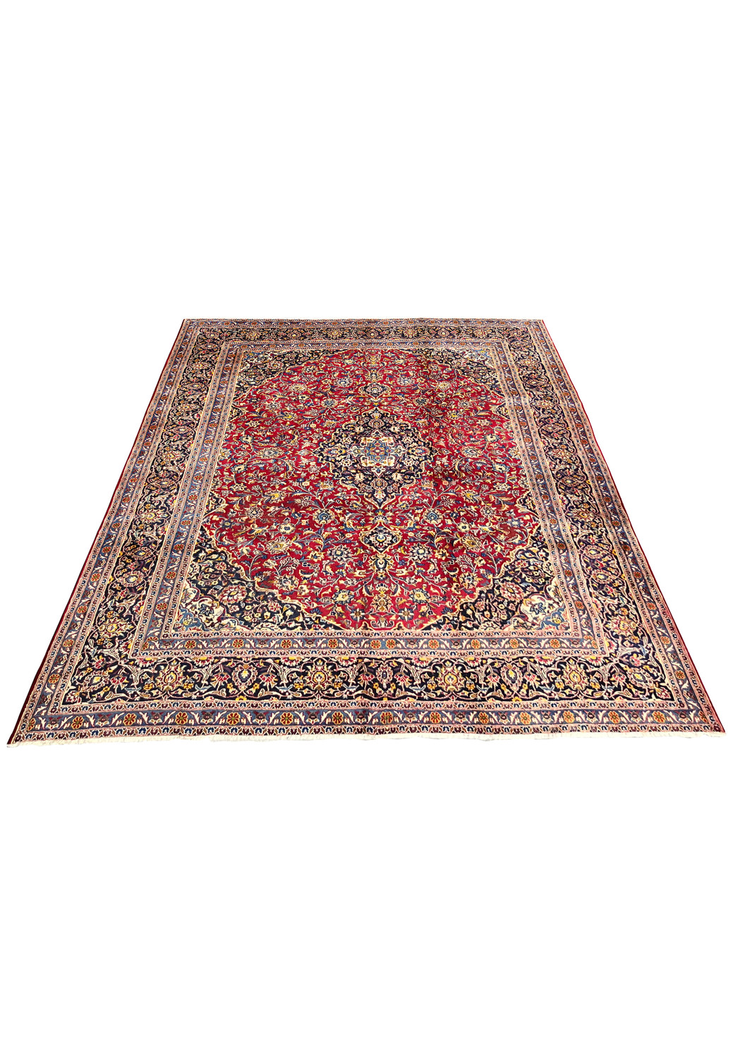 Top view showing worn patina sections and detailed floral patterns of a Persian Kashan rug.