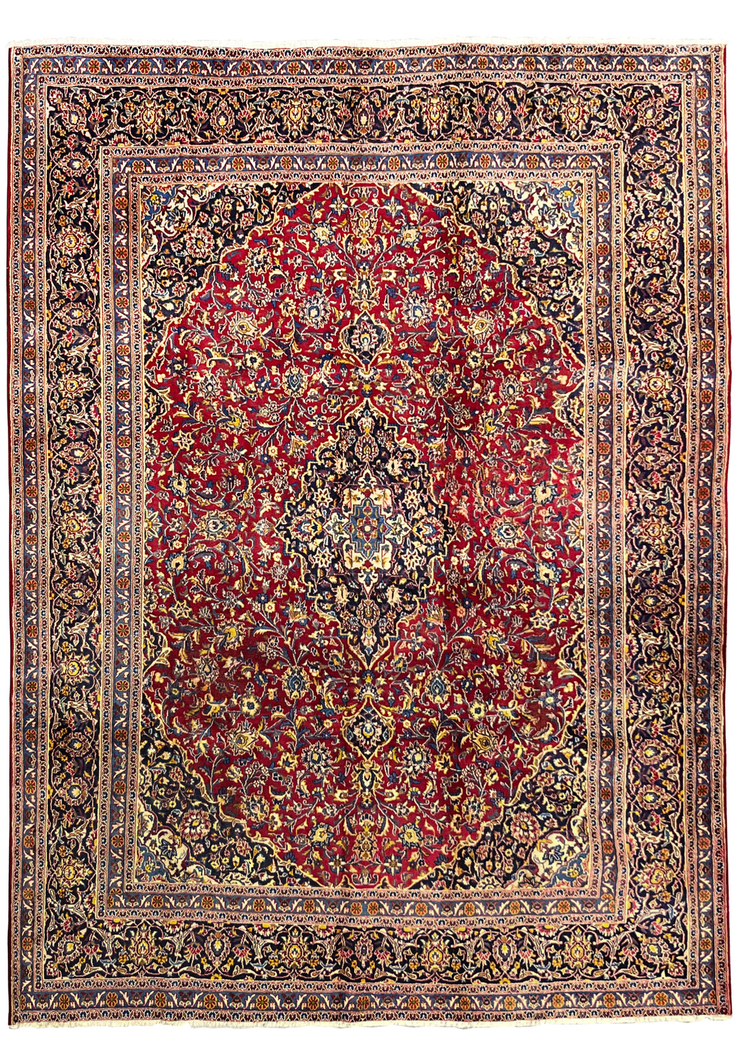 Full view of a 9'7 x 12'6 Patina Persian Kashan Rug with red field, floral motifs, and worn vintage areas.