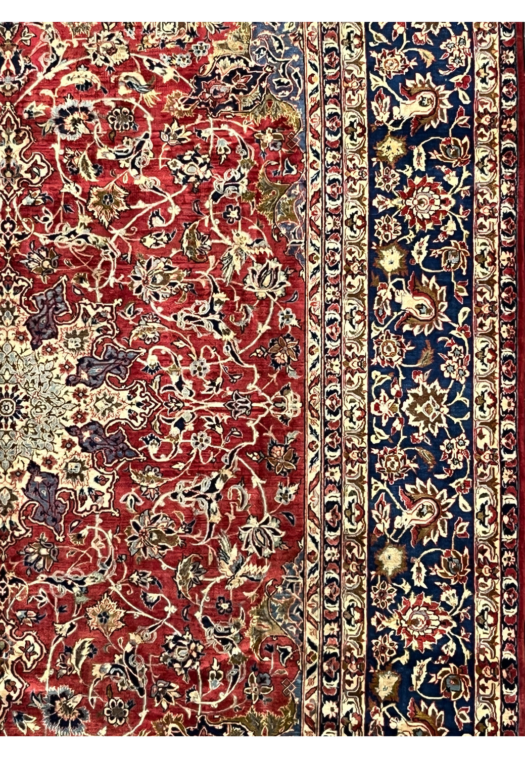 Border view of the vintage Najafabad rug showing deep navy floral motifs framed by intricate guard borders.