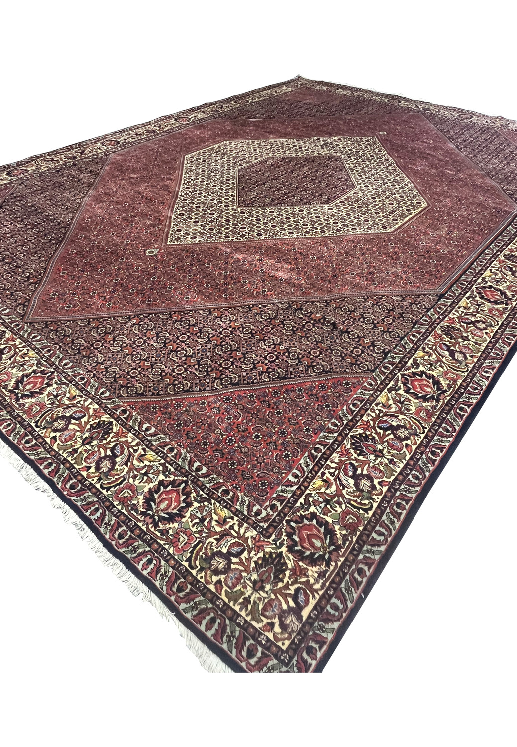 Angled perspective of Persian Bijar rug showing thickness and structure