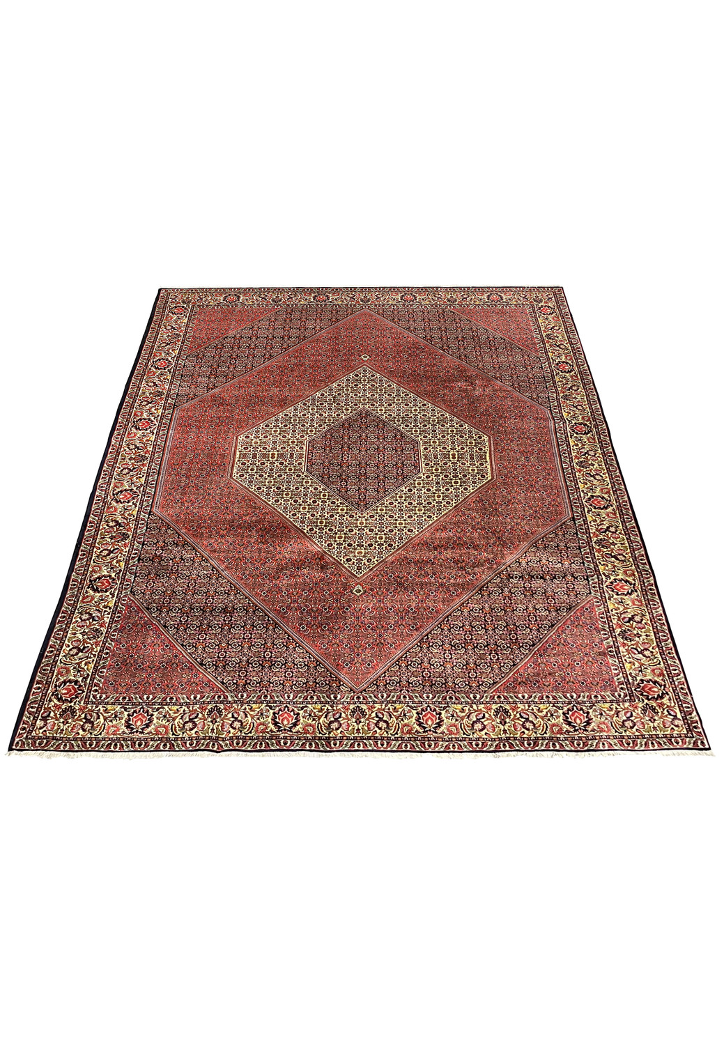 Laid down view of large Persian Bijar rug showing full geometric composition