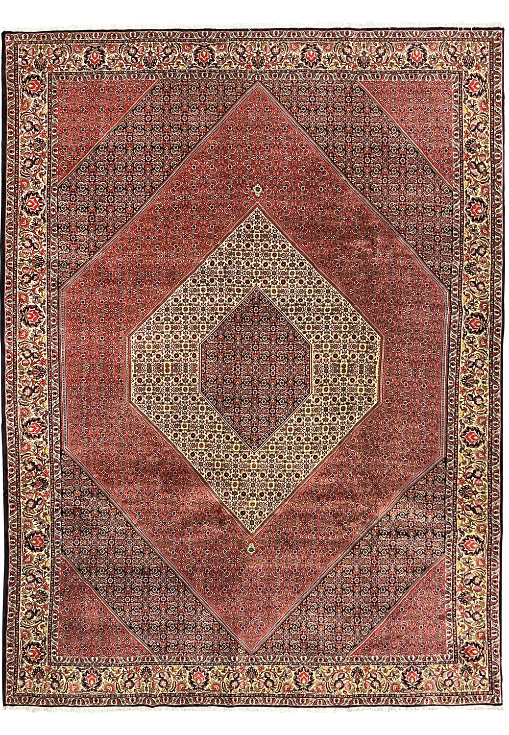 Full view of 10x13 Persian Bijar rug with diamond medallion and brick red field