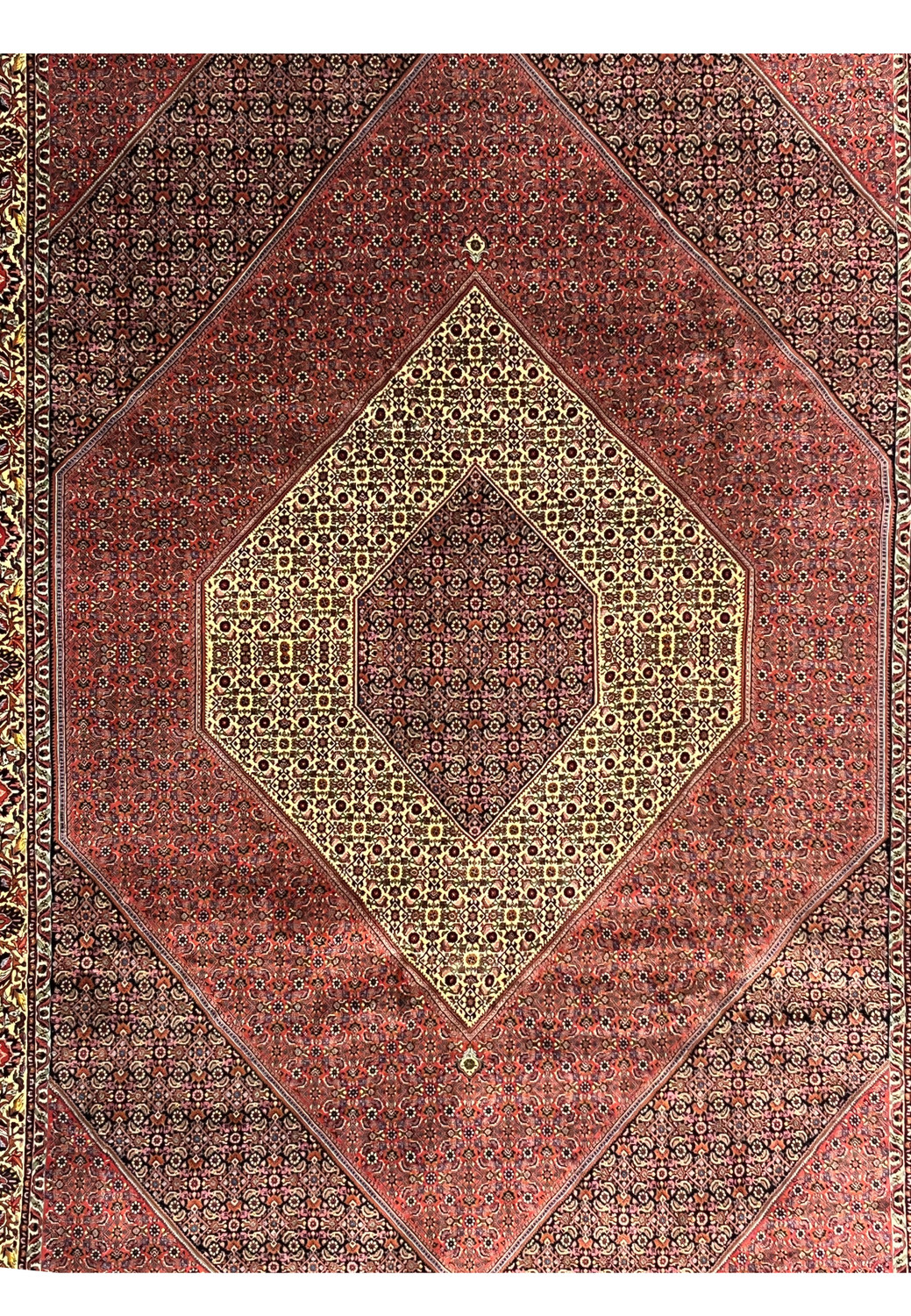 Midfield detail of brick red Persian Bijar rug with dense floral lattice