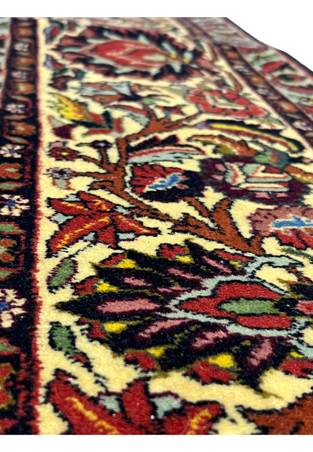 Border detail of 10x13 Persian Bijar rug with ivory floral vines and deep red background