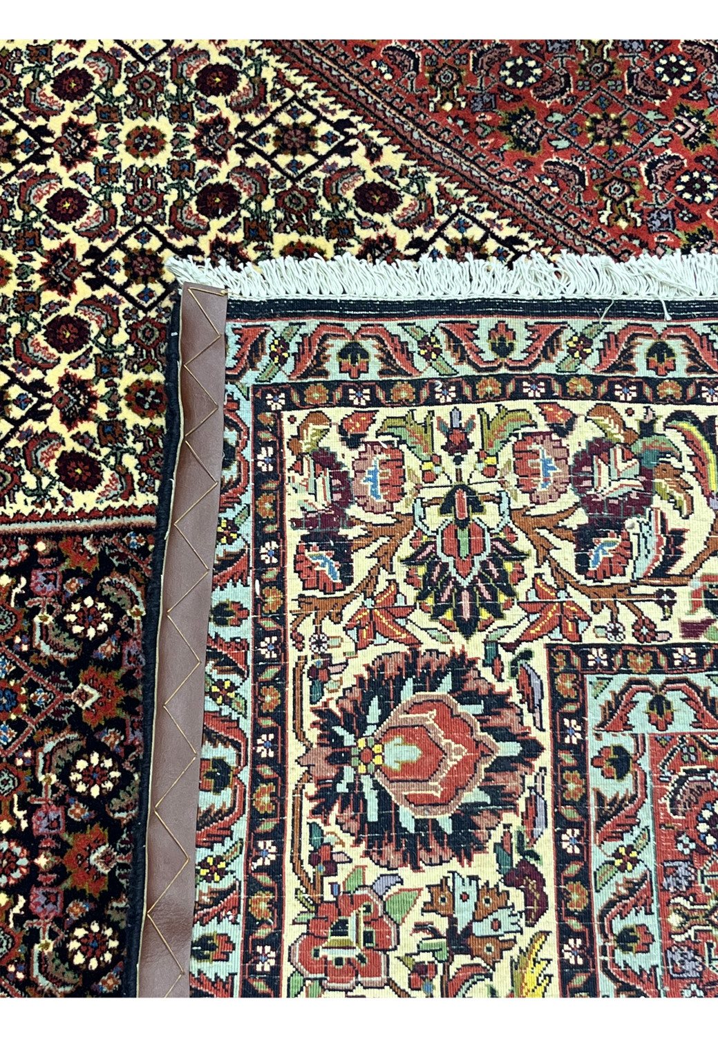 Full backside view of hand knotted 10x13 Persian Bijar rug showing tight weave and heavy wool foundation