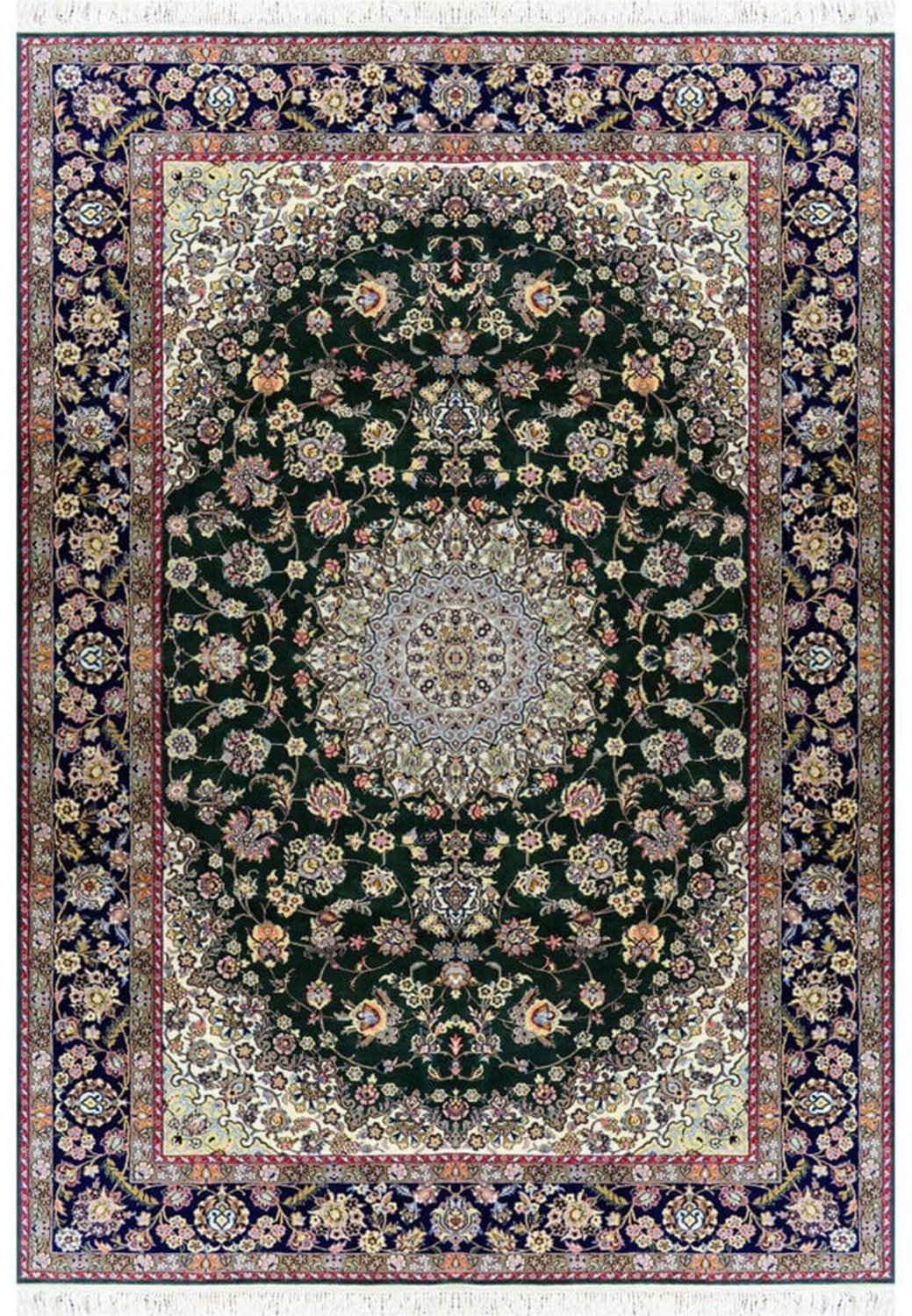 7x10 deep forest green Persian Nain 9LA rug with ivory medallion, navy floral border, fine wool and silk detail, hand knotted in Iran