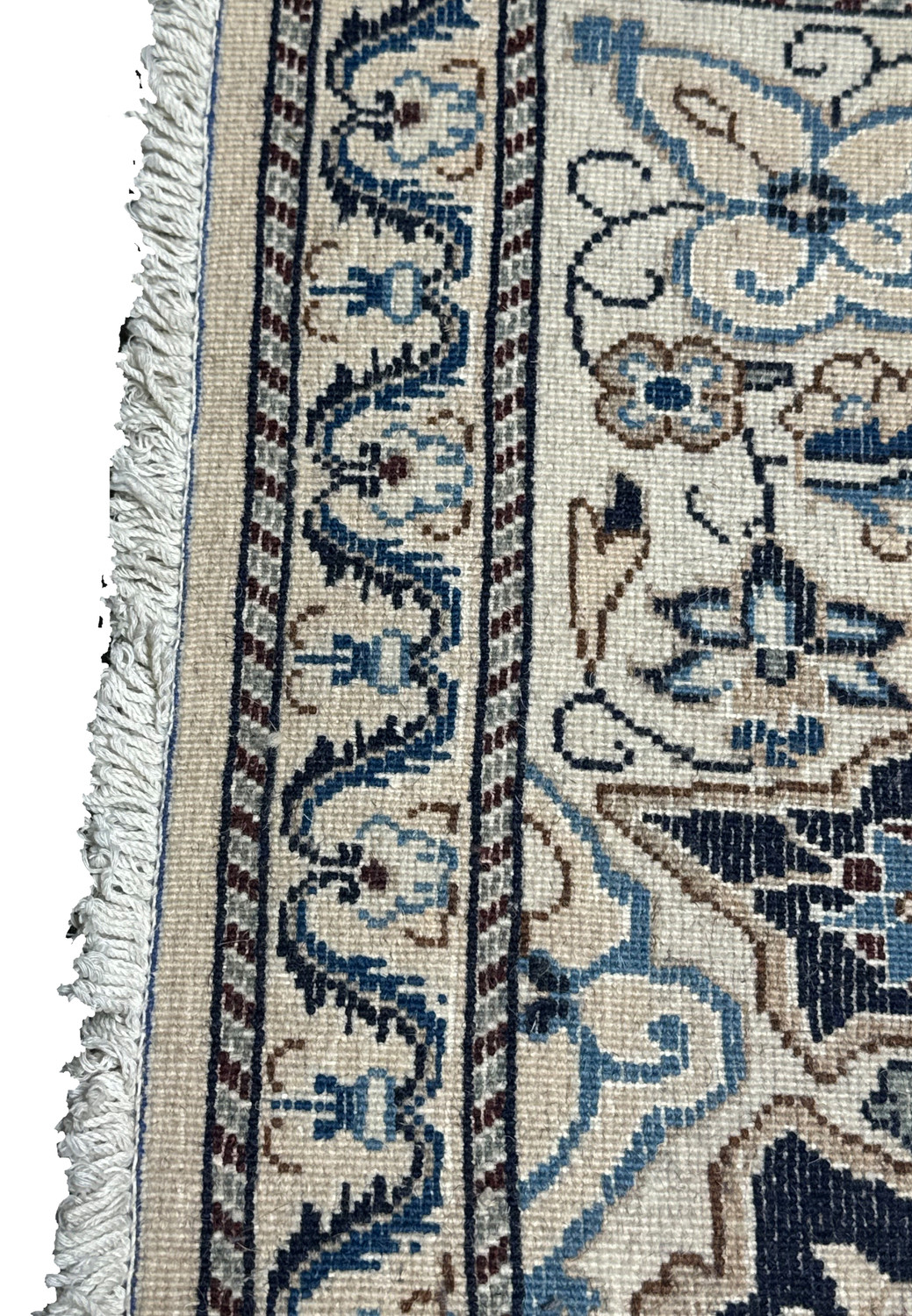 Backside of 3x5 Persian Nain rug showing tight knot structure, ivory weft threads, and fine high density weaving
