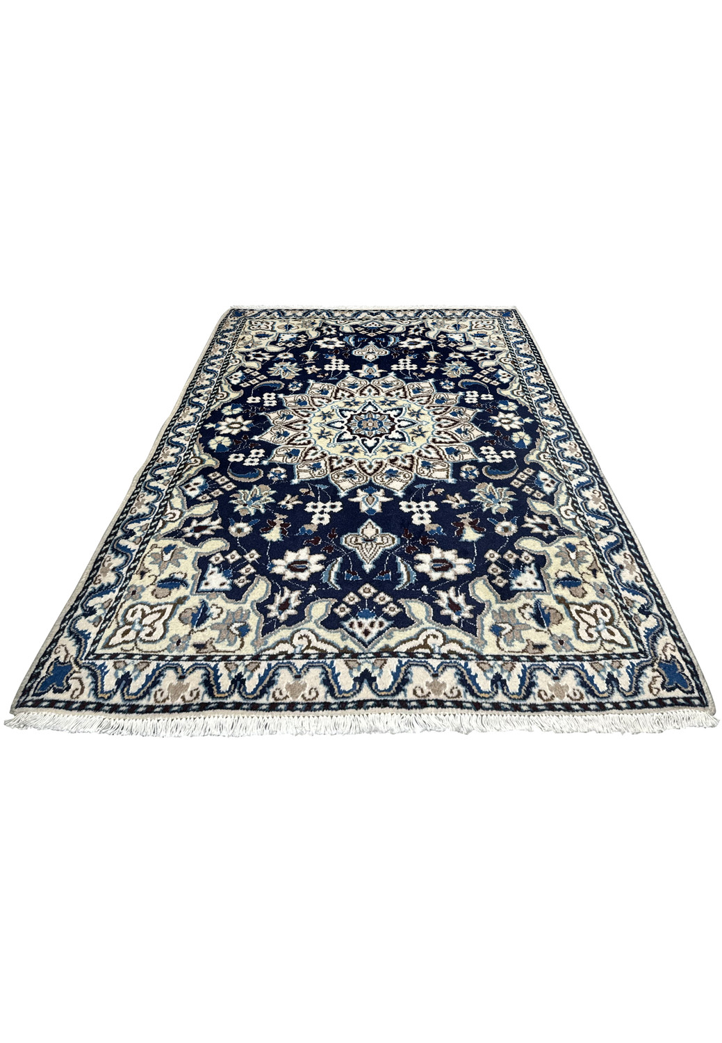 Royal navy Persian Nain rug top view with ivory medallion, beige border and sky blue floral details