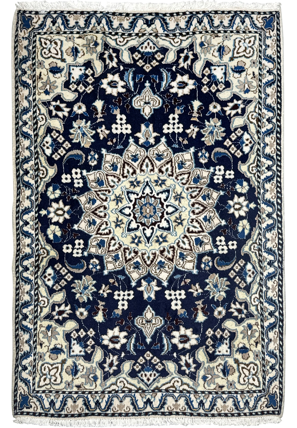 Full view of royal navy Persian Nain rug with ivory medallion and beige floral border