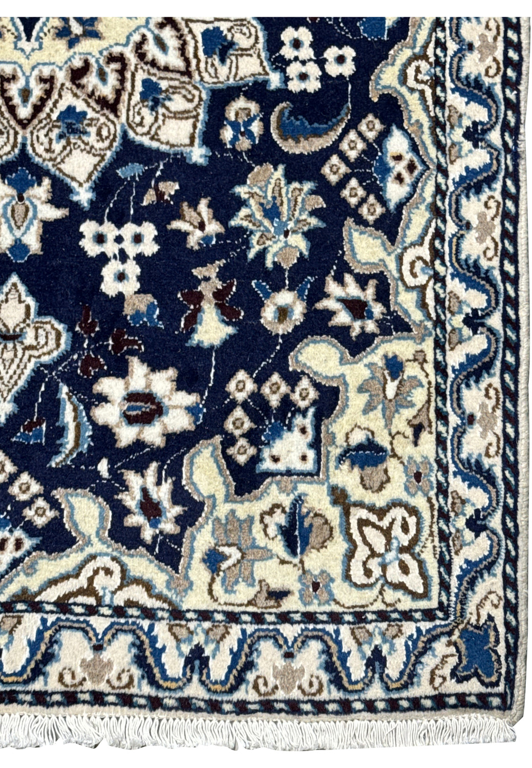 Beige and ivory border with navy and sky blue floral design on Persian Nain rug